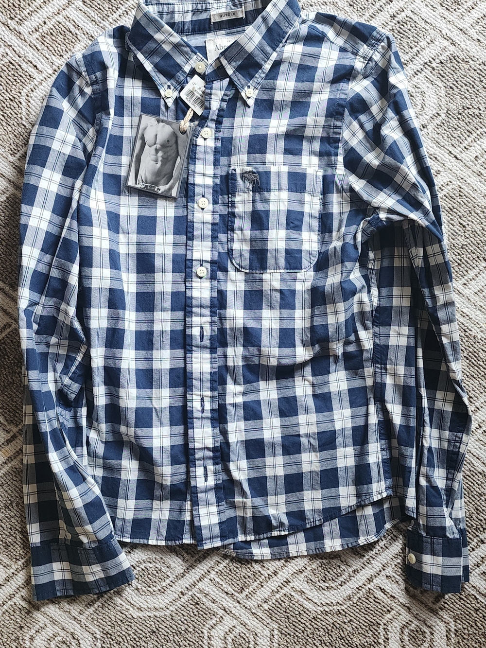 Abercrombie & Fitch Men's Navy and White Plaid Button-Down Shirt